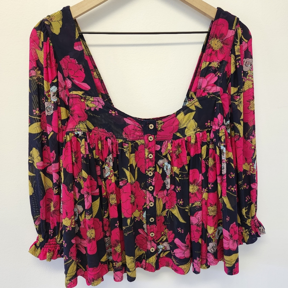 Free People Sheer Floral Crop Top Blouse Size XS